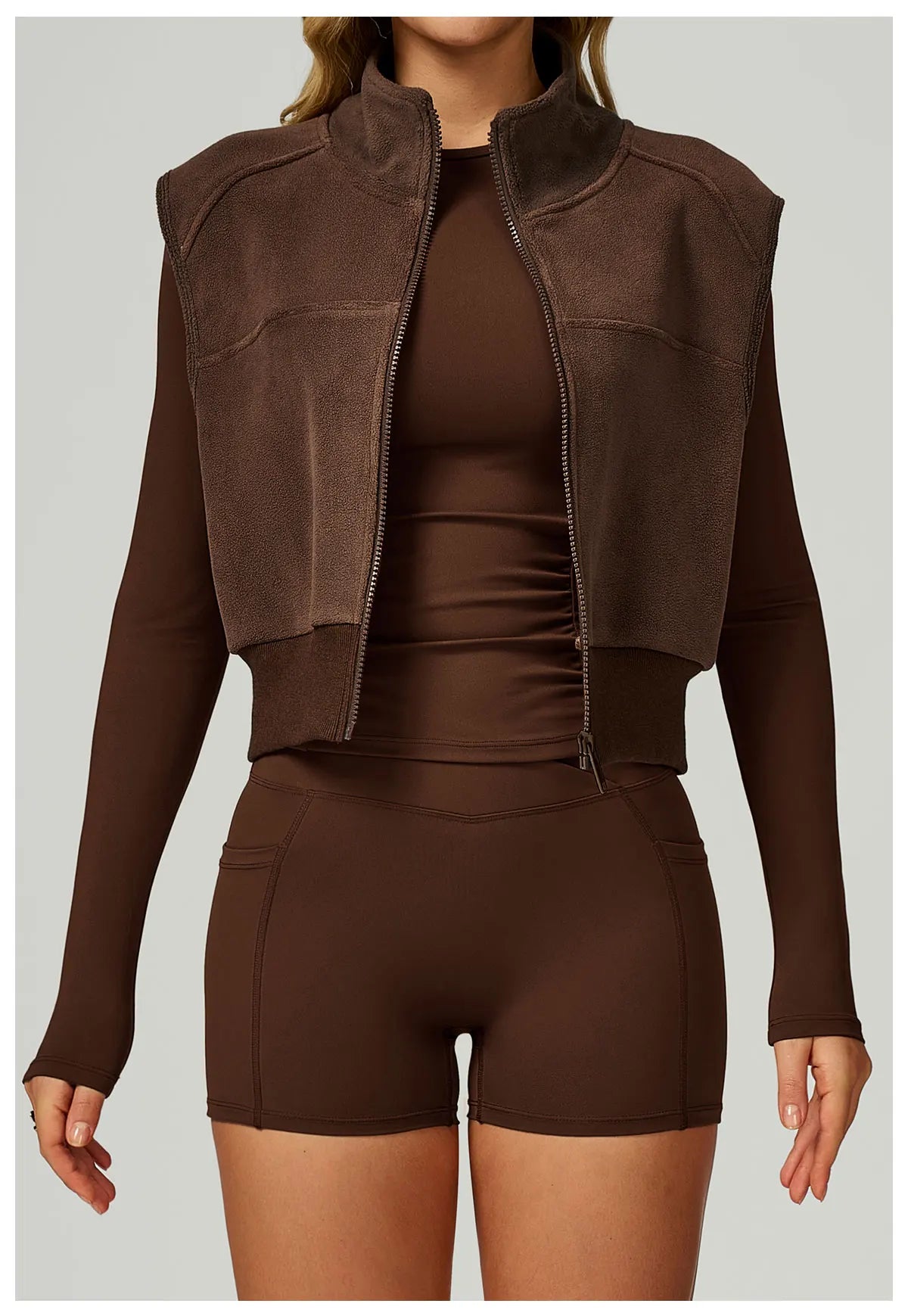 Winter Warm High Neck Velvet Vest Women's Sleeveless Top with Zipper Waist Outdoor Running Top