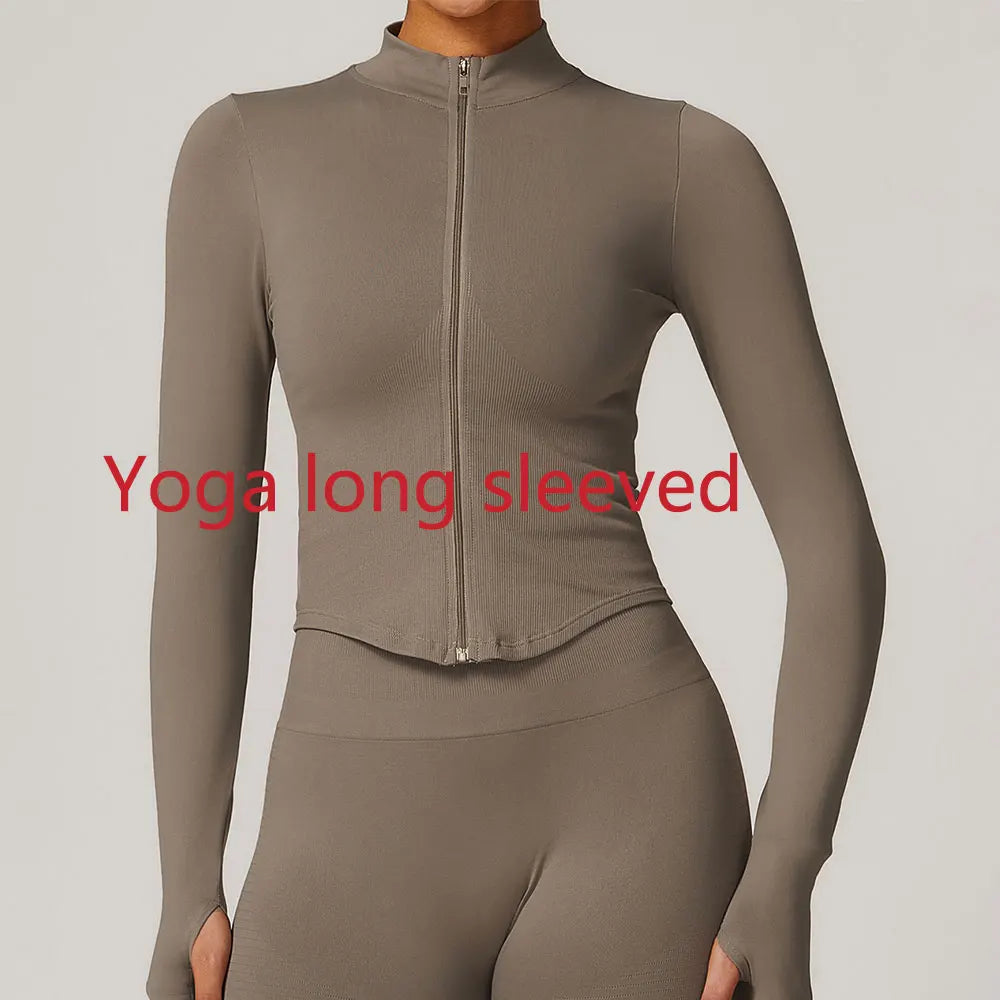 Ribbed Yoga Tops Women's Yoga Long Sleeved Standing Collar Sports Jacket Running Training Fitness Top Gym Workout Running Shirt