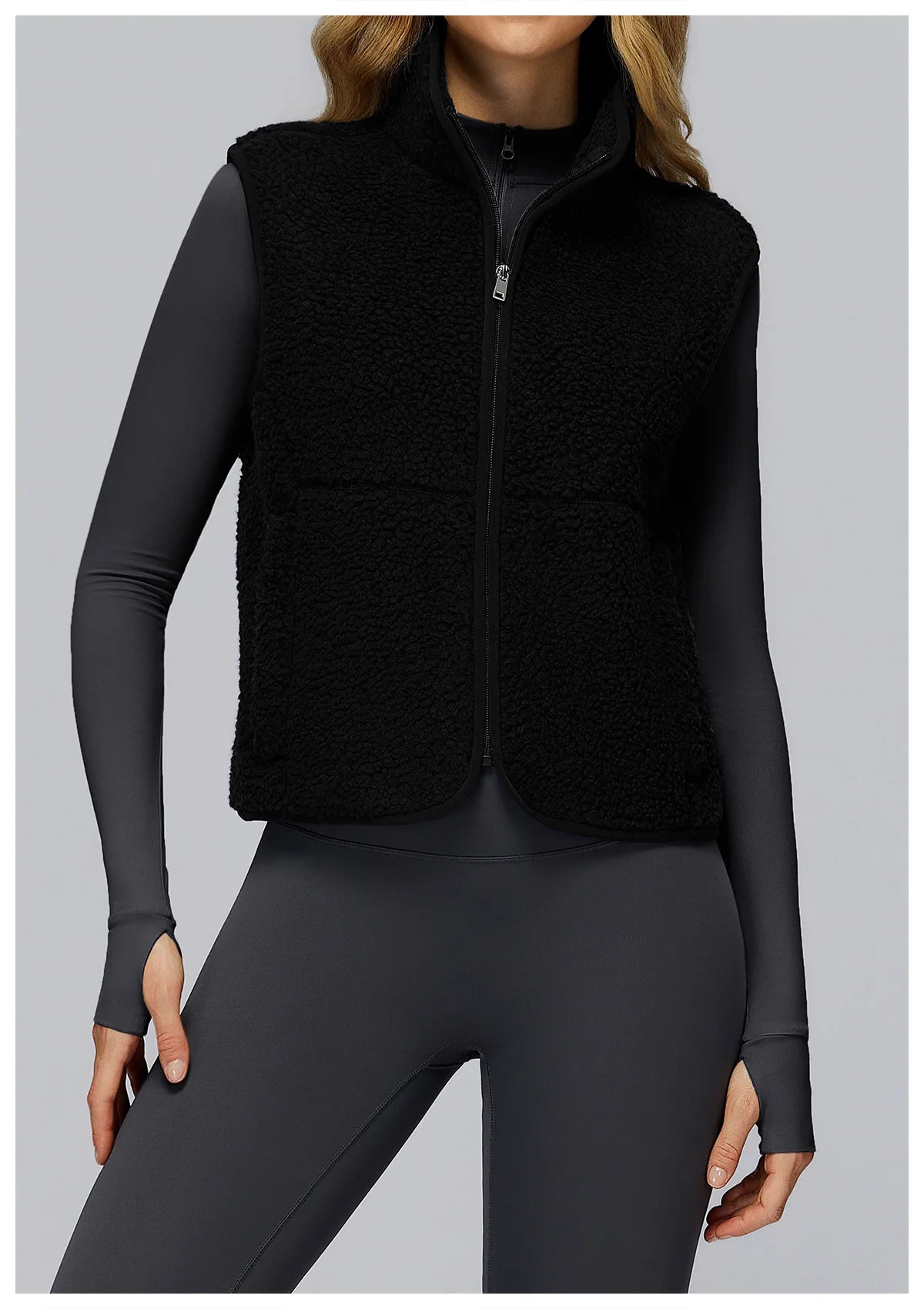 Winter Women's Standing Collar and Velvet Sports Vest Sleeveless Zipper Outerwear Vest Outdoor Running and Fitness Top