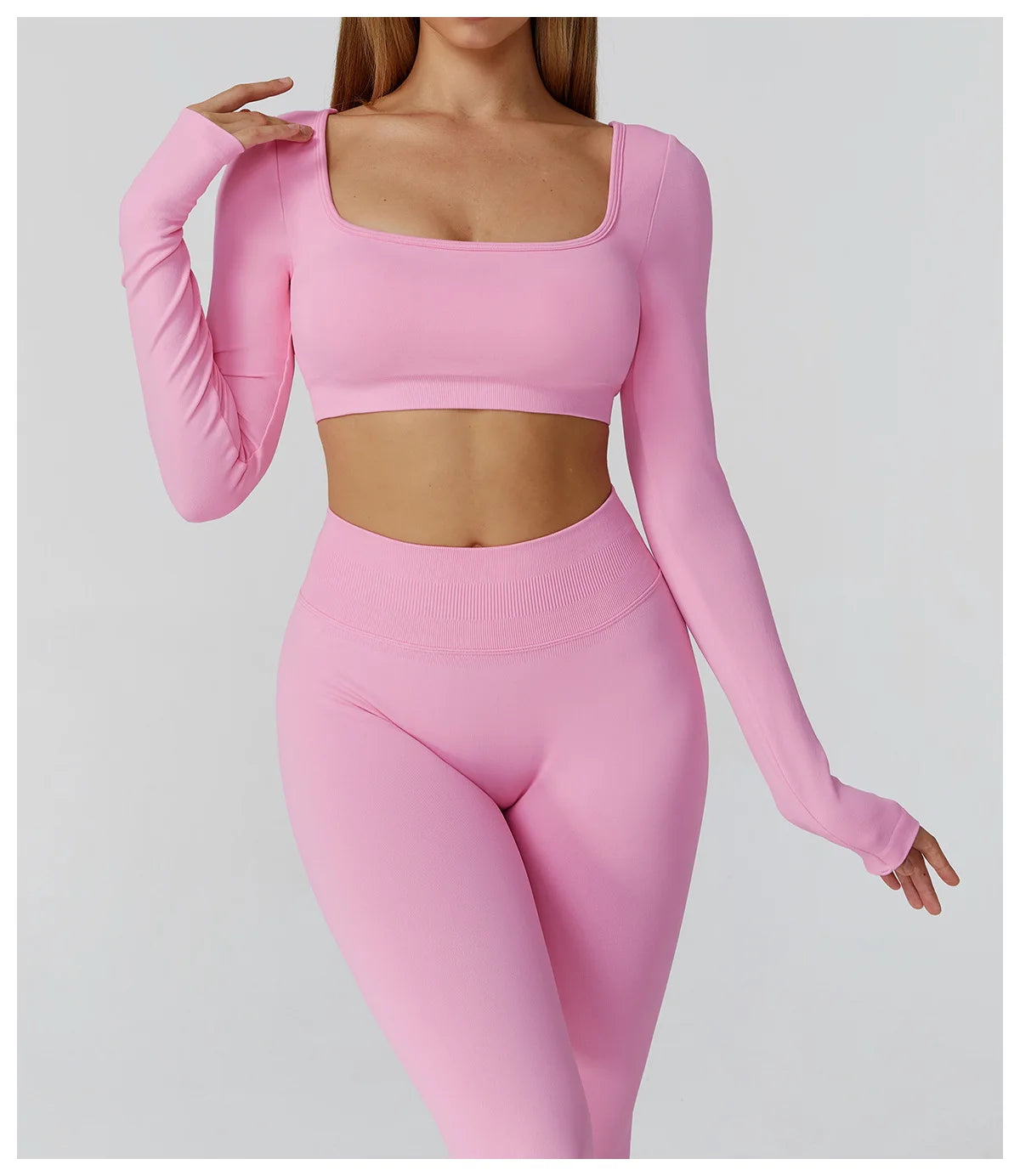 Seamless Casual Quick Dry Sportswear Women Square Neck Gym Top Women Fitness Sports Crop Top Female Long Sleeve Yoga Clothing