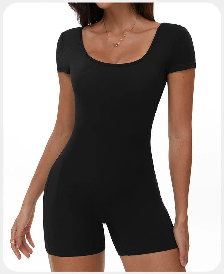 Fitness Jumpsuit Women Tracksuit Sports Short Sleeves Playsuit Running One Piece Yoga Suit Scrunch Shorts Backless Set Rompers