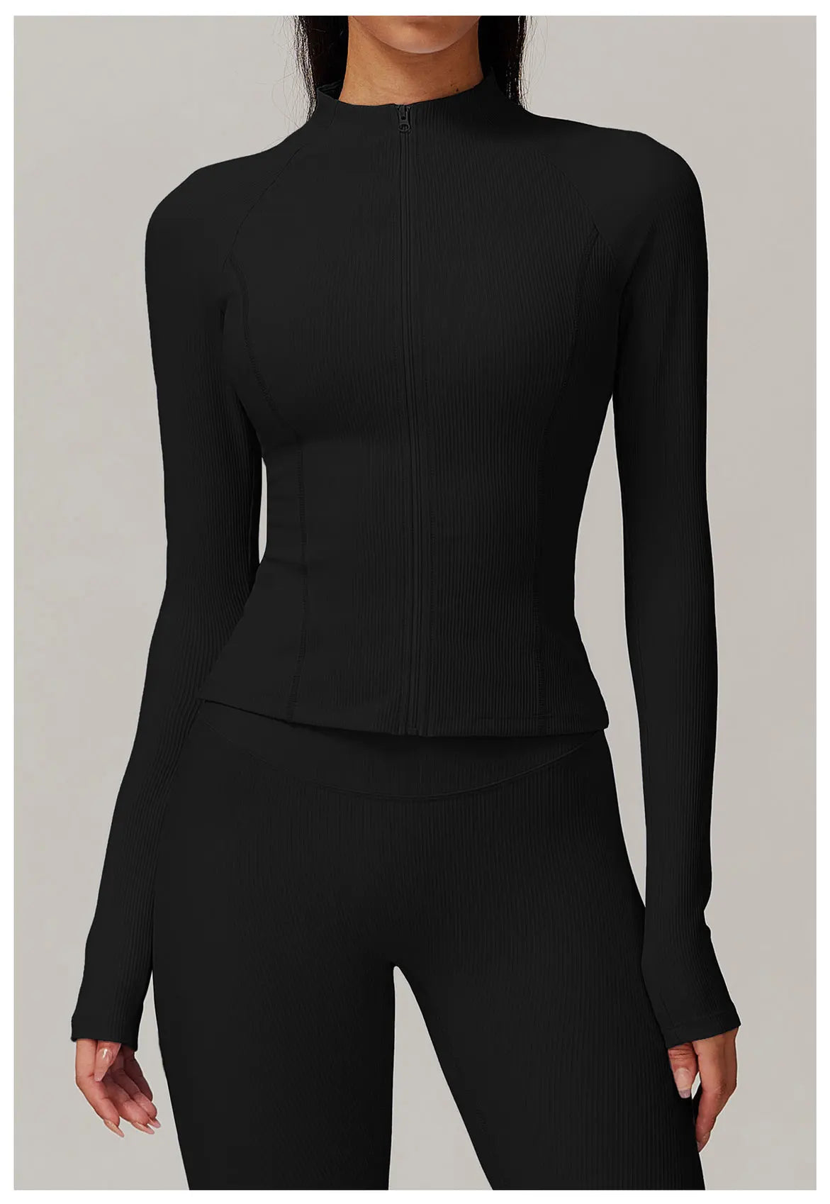 Ribbed Sports Long Sleeved Women Slim Yoga Clothes Quick Dry Zipper Cardigan Stand Up Collar Jacket Running Fitness Jacket Top