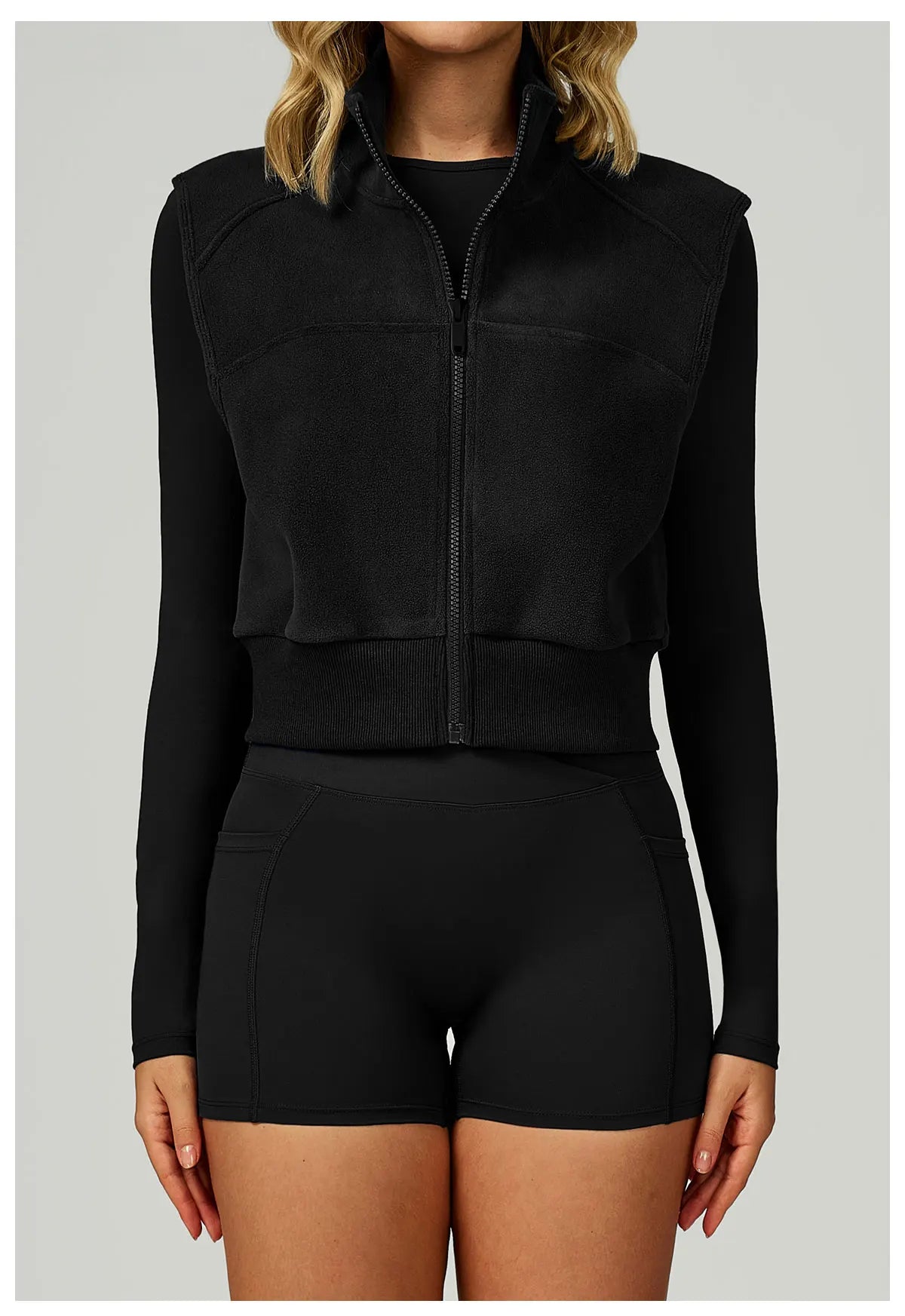 Winter Warm High Neck Velvet Vest Women's Sleeveless Top with Zipper Waist Outdoor Running Top