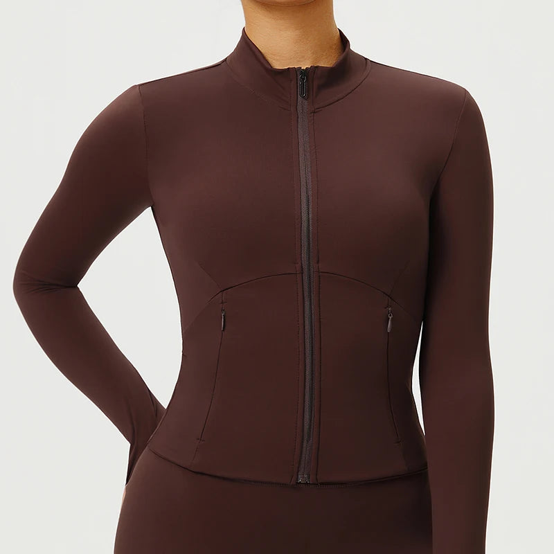 Women Outdoor Sports Long Sleeved Slim Yoga Clothes Quick Dry Zipper Cardigan Stand Up Collar Jacket Running Fitness Jacket Top