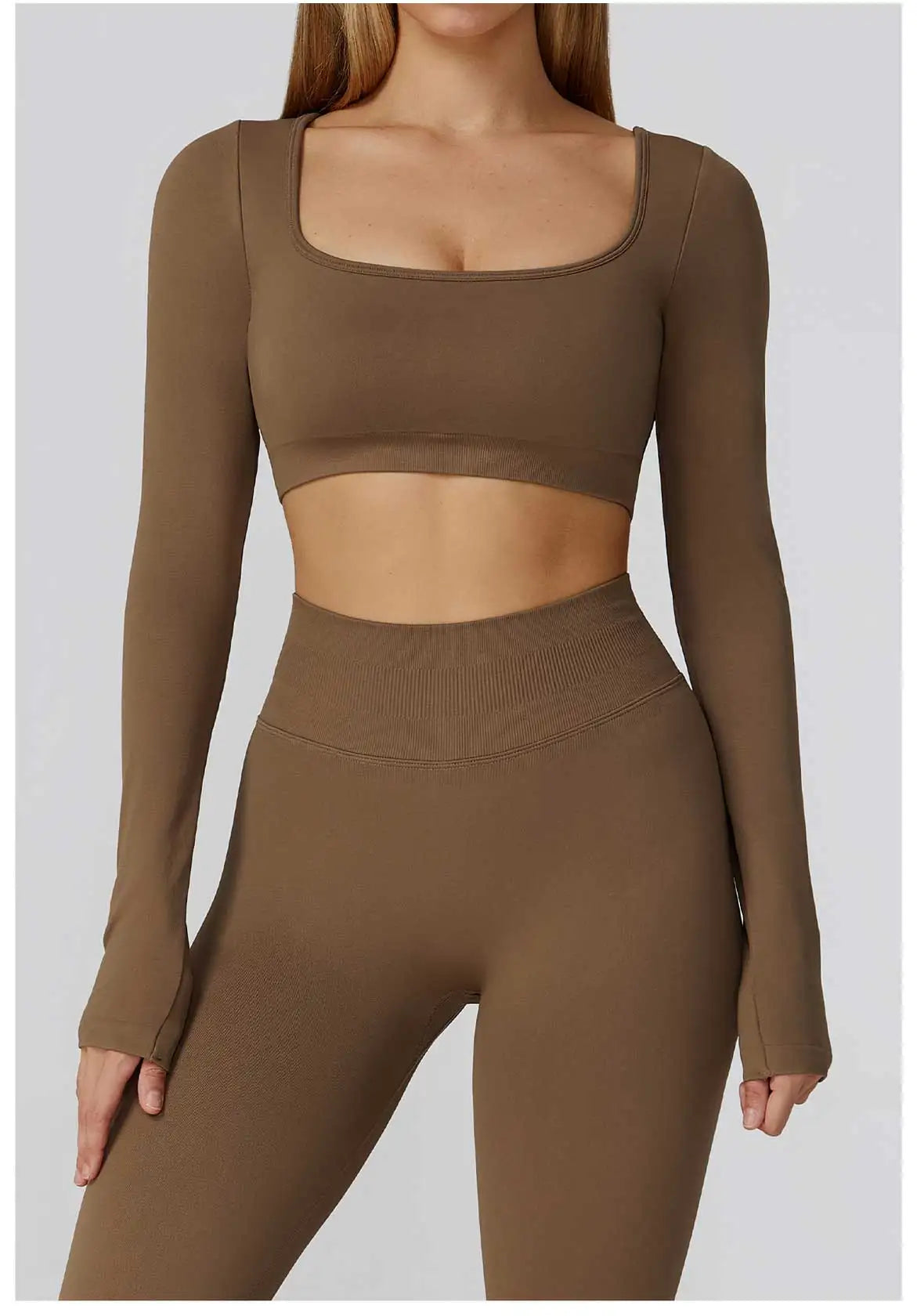 Seamless Casual Quick Dry Sportswear Women Square Neck Gym Top Women Fitness Sports Crop Top Female Long Sleeve Yoga Clothing