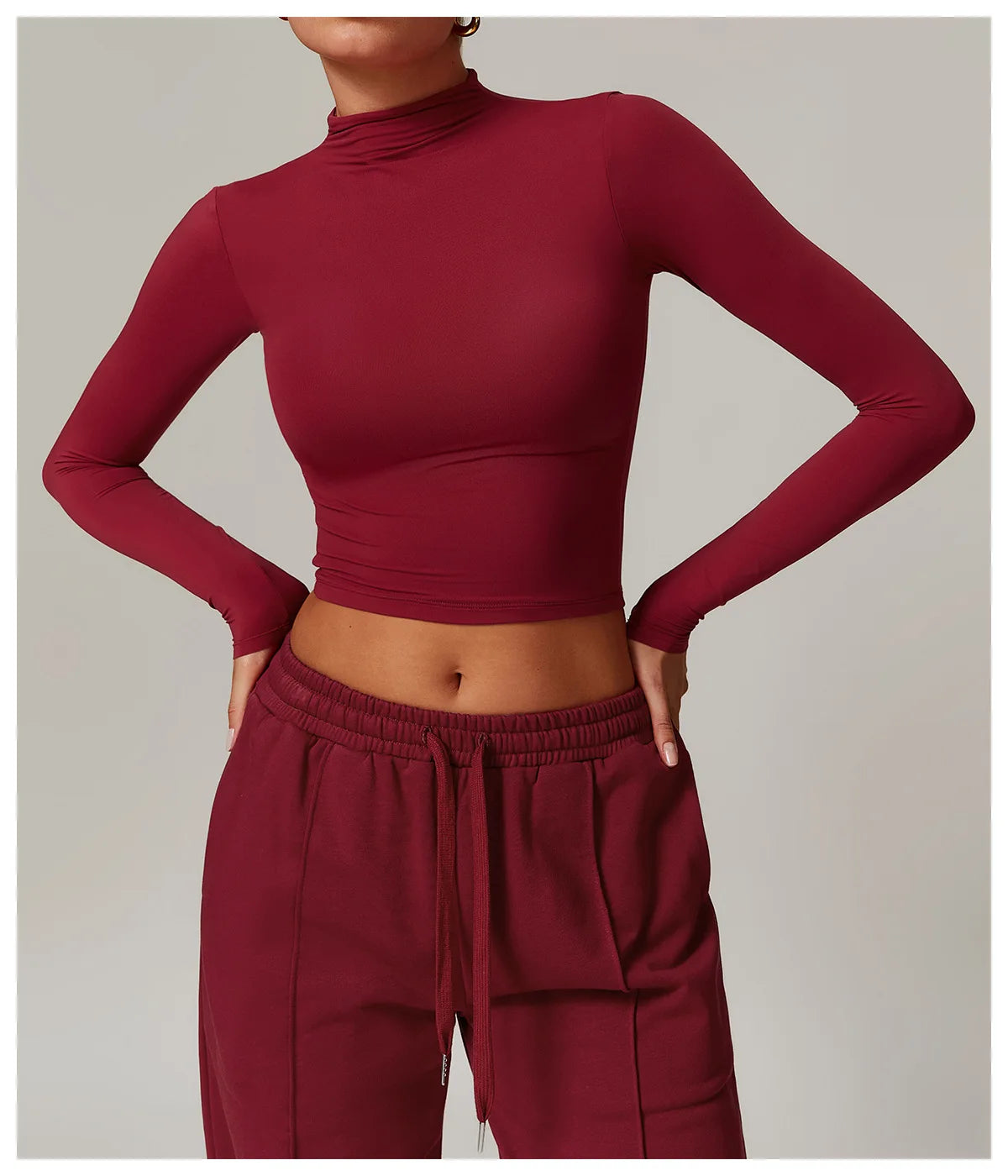 Women Crop Tops High Neck Yoga T-shirts Solid Sports Top Long Sleeve Running Shirts Exposed Navel Quick Dry Fitness Gym Sport