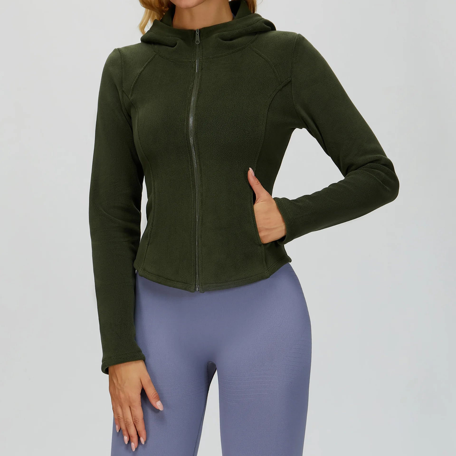 Winter Hooded Jacket for Women Yoga Long Sleeved With Plush Slim Fit Pocket Zipper Jacket Outdoor Casual Sports Warm Jacket
