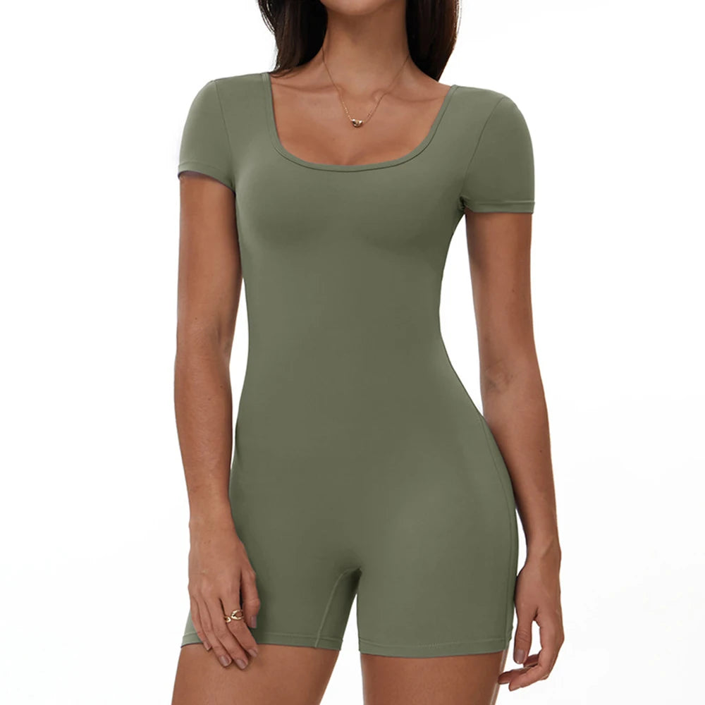 Fitness Jumpsuit Women Tracksuit Sports Short Sleeves Playsuit Running One Piece Yoga Suit Scrunch Shorts Backless Set Rompers