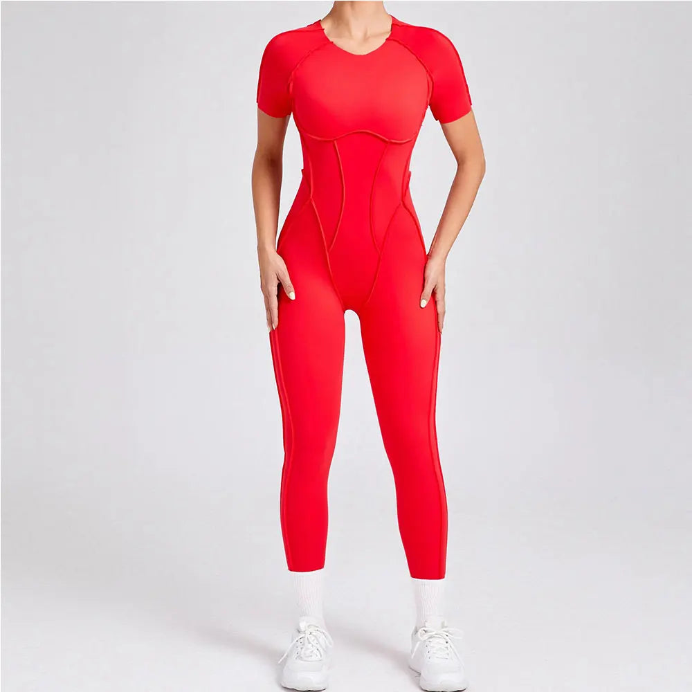 Seamless Yoga Jumpsuits Sports Fitness Hip-lifting Backless Short-sleeved One-piece Workout Rompers Gym Leggings Women Tracksuit