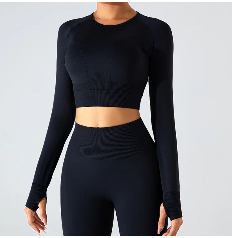 Women's Seamless Long Sleeve Top Yoga Shirts Running T-Shirt Workout Running Fitness Gym Sports Top Training Crop Top Solidcolor