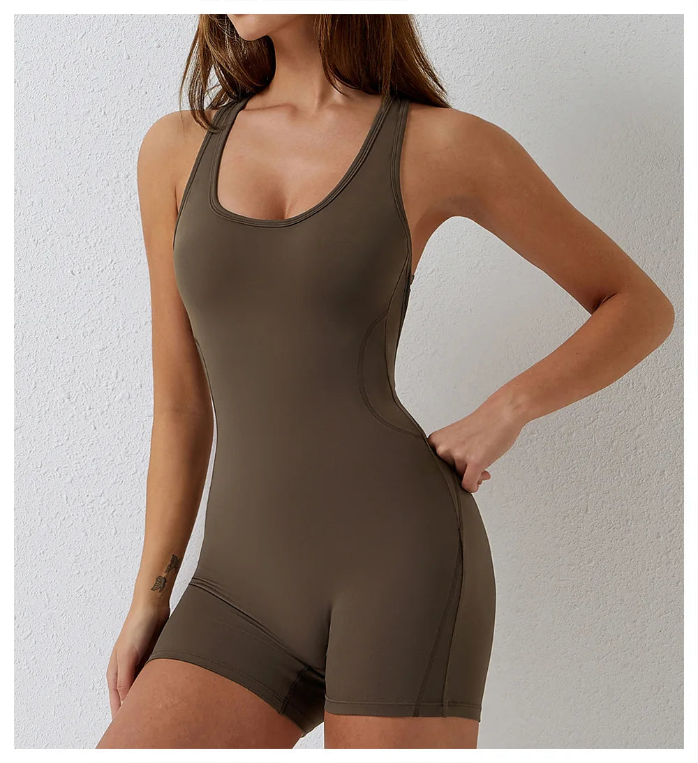 Open Back Jumpsuit for Women Workout Gym Romper Padded Yoga Set V Neck Gym Suit Backless Bodysuit Fitness Padded Gym Clothing