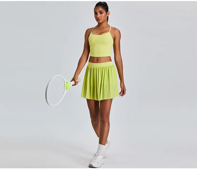 2 Piece Sportswear Leisure Sports Short Skirt Yoga Set Women's Belt Lined Mesh Pleated Tennis Skirt Running Push Up Fitness Suit