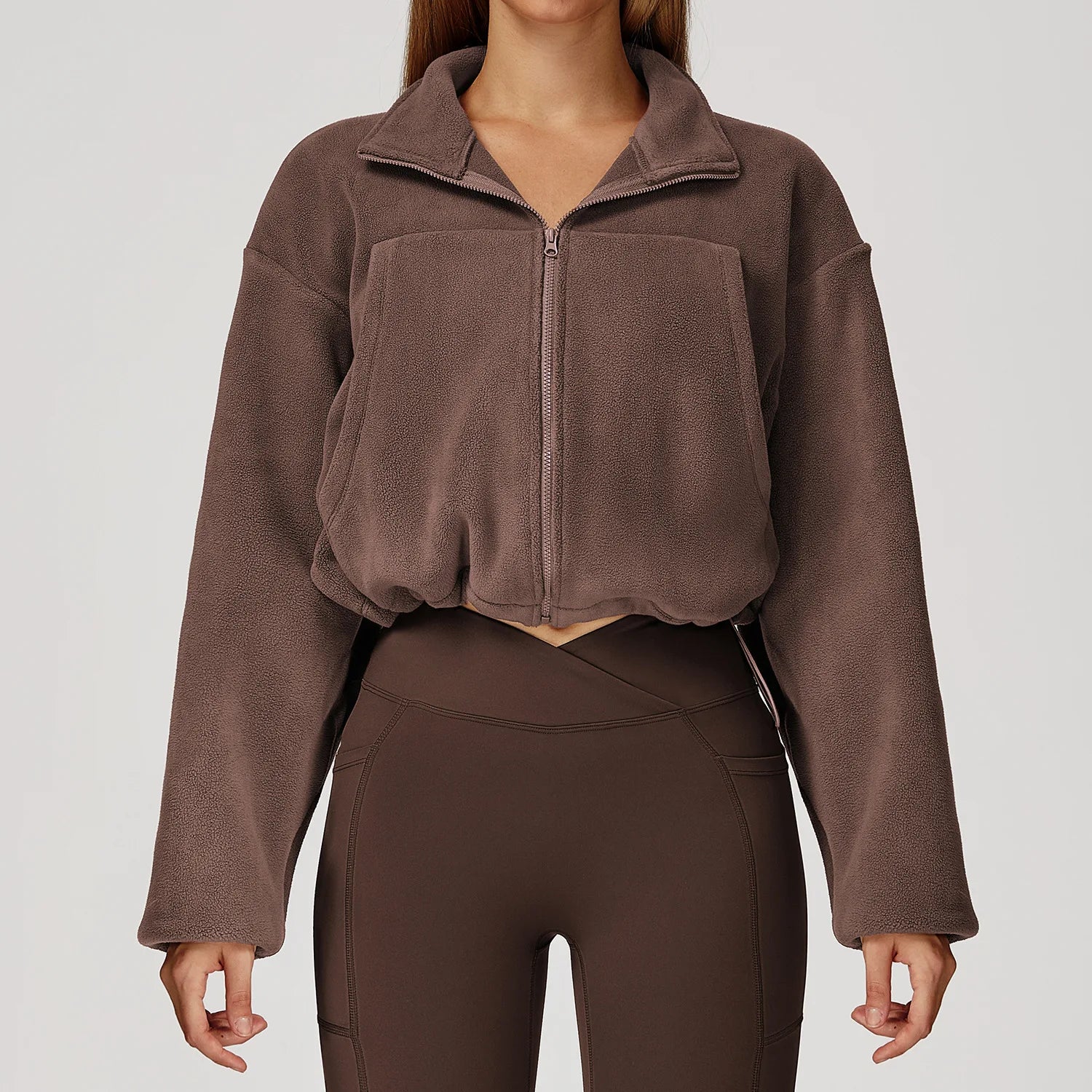 Winter Yoga Jacket Women Long Sleeved Stand Up Collar Windproof Warm Fleece Drawstring Jacket Running With Fleece Sports Jacket