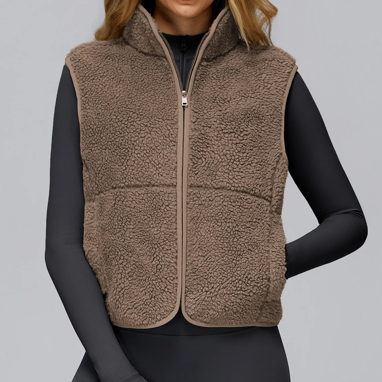 Winter Women's Standing Collar and Velvet Sports Vest Sleeveless Zipper Outerwear Vest Outdoor Running and Fitness Top