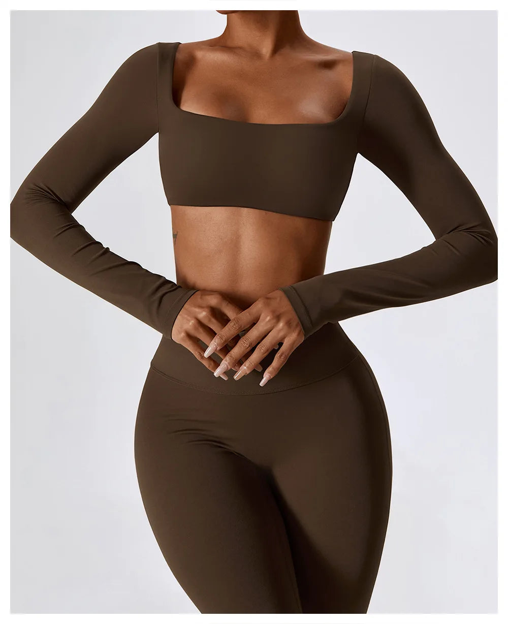 Women Yoga T-shirts Crop Tops Solid Sports Top Long Sleeve Running Shirts Sexy Exposed Navel Quick Dry Fitness Gym Sport Wear