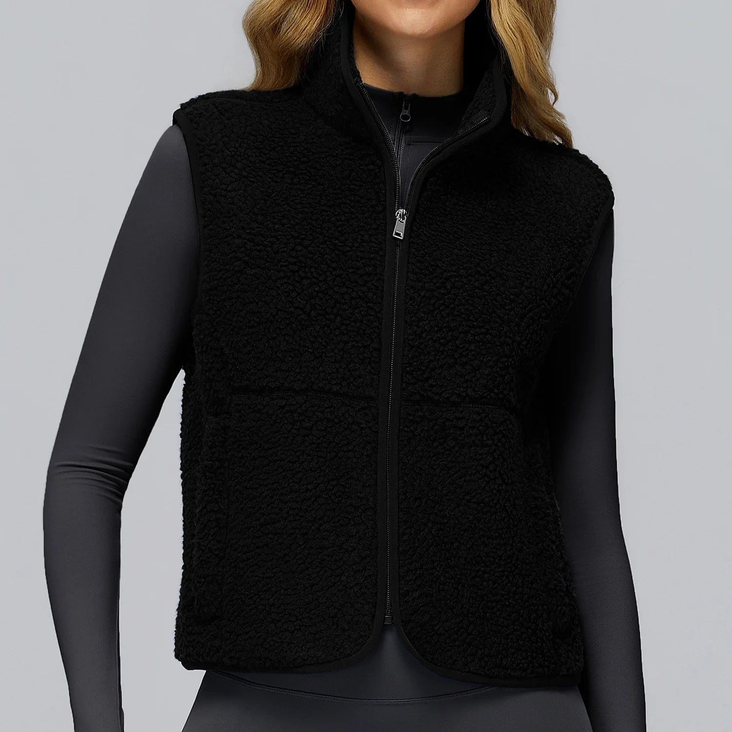 Winter Women's Standing Collar and Velvet Sports Vest Sleeveless Zipper Outerwear Vest Outdoor Running and Fitness Top
