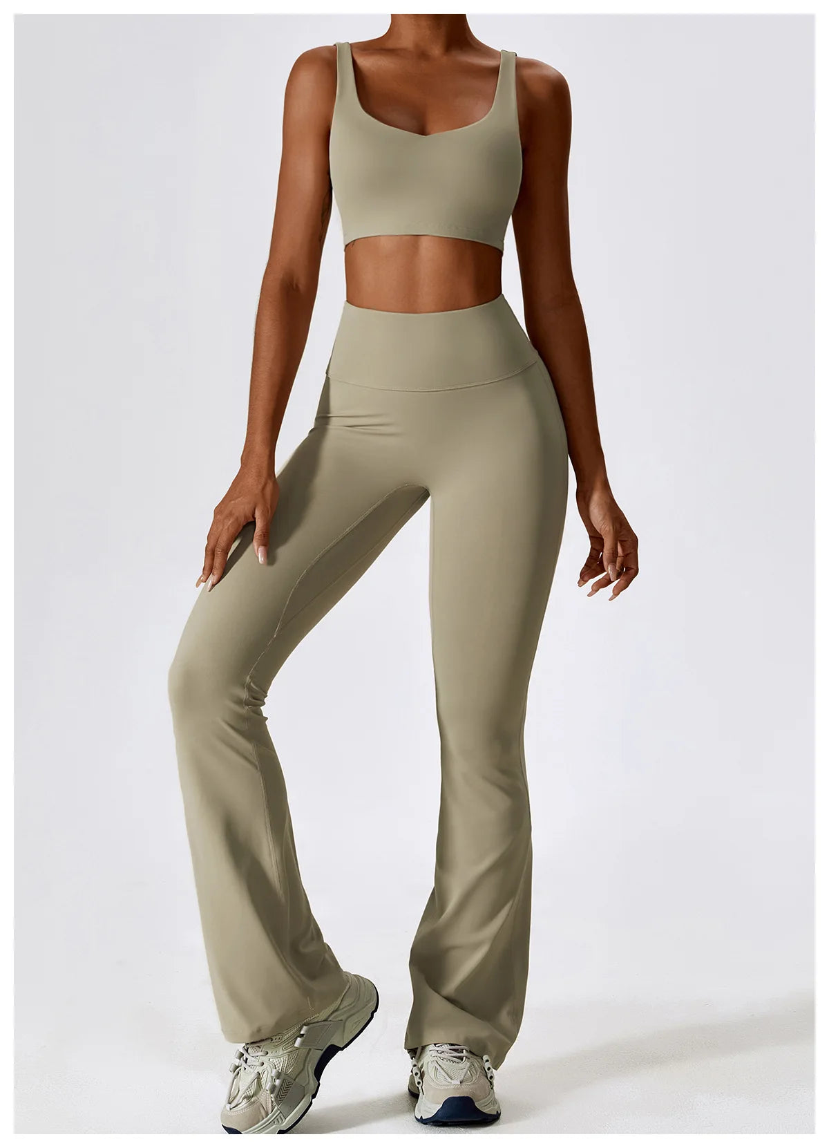 Women Tracksuit Gym Yoga Suit 2PCS Tight Fitting Sports Set Workout Breathable T Shirts Bra Tank Top Loose Bell-bottoms Leggings