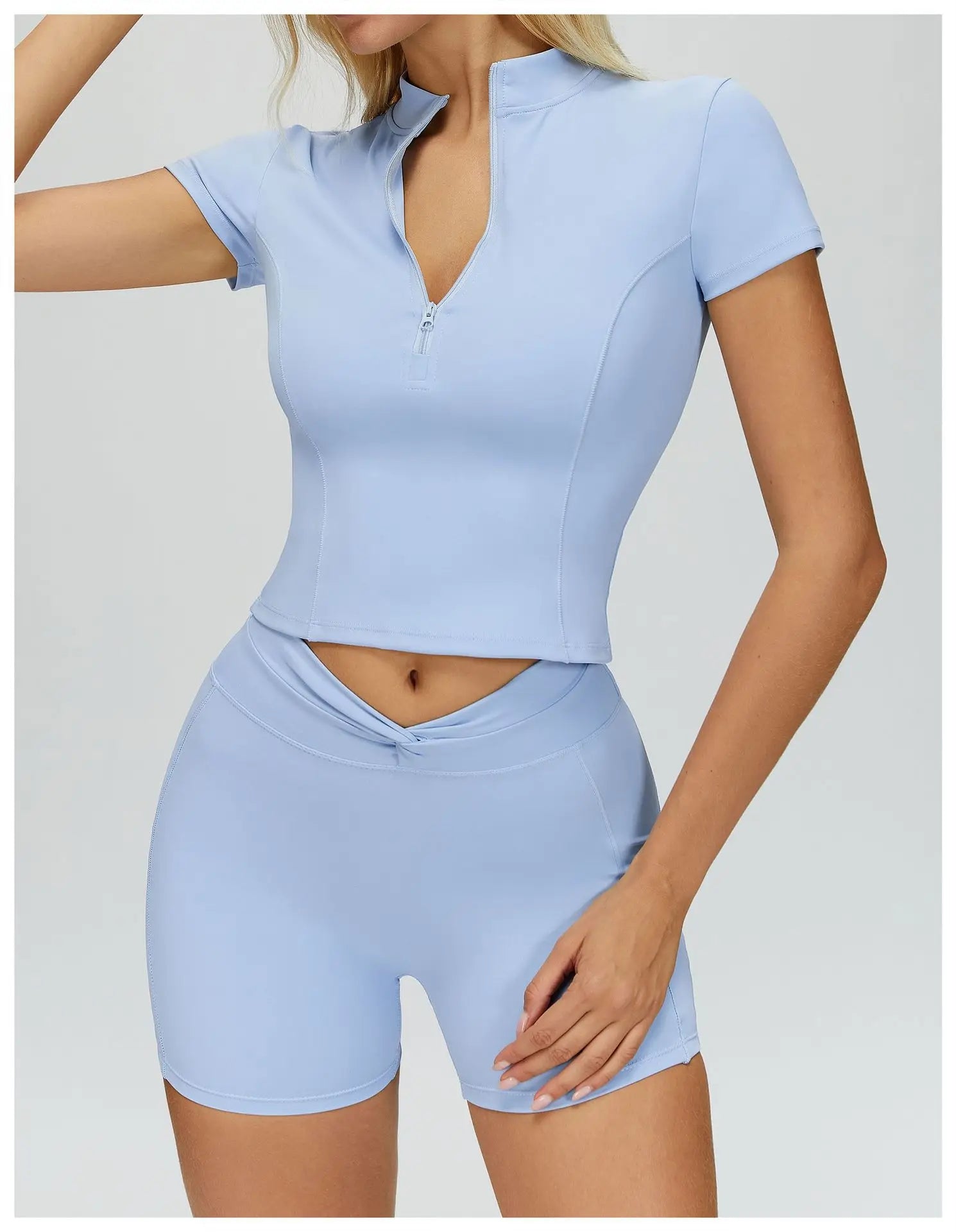 Zipper Short Sleeved Women's Tight Fitting Sports T-shirt Quick Drying Yoga T-shirt Running Exercise Fitness Short Sleeved