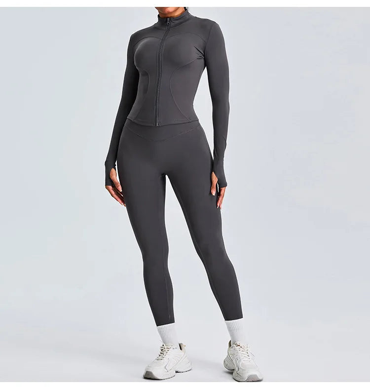 Women 2PCS Yoga Set Workout Clothes Long Sleeve Jacket Gym Crop Top High Waist Leggings Fitness Sports Wear Sport Suit Gymwear