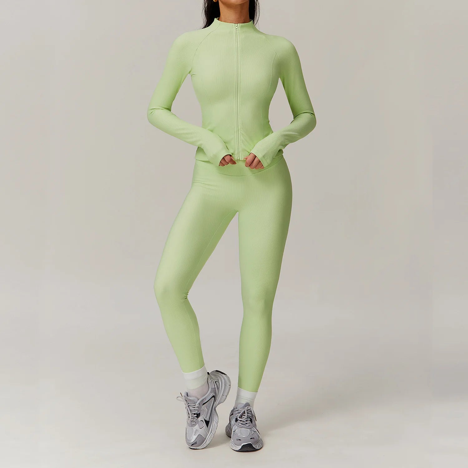 2 Pieces Yoga Suit Women Sports Set Ribbed Gym Set Women Tracksuit Running Workout Zipper Long Sleeve Sports Shirt Yoga Clothing