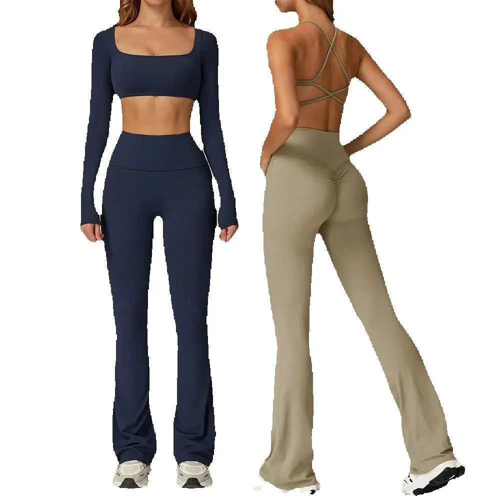 Women Yoga Set 2PCS Sportswear Push Up Workout Clothes Athletic Wear Gym Legging Fitness Bra Crop Top Long Sleeve Sports Suits