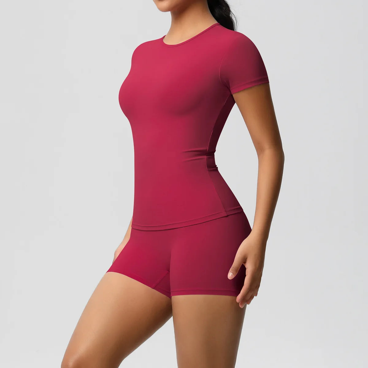 UREN 2PCS Gym Set Summer Short Sleeve Breathable Stretchy GYM Yoga Slim Fitness Active Top Women's Quick-Drying Cycling Short