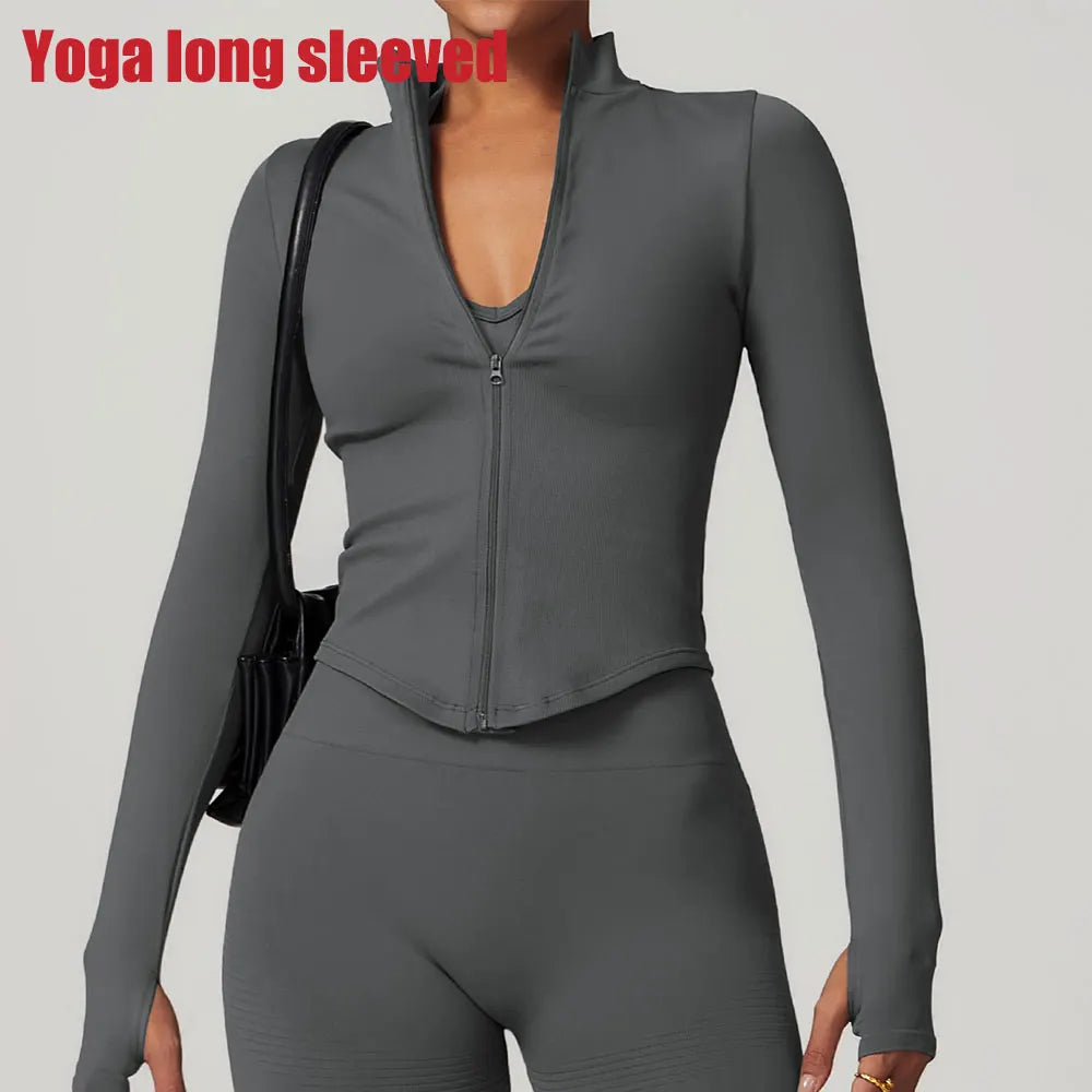 Ribbed Yoga Tops Women's Standing Collar Yoga Long Sleeved Sports Jacket Running Training Fitness Top Gym Workout Running Shirt