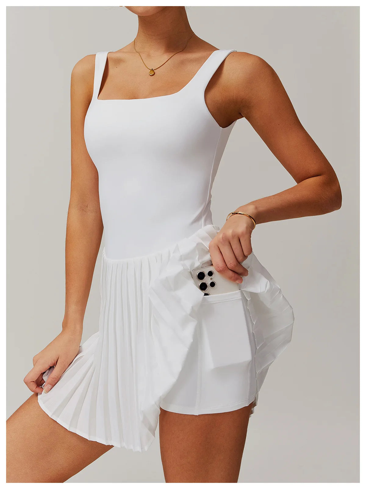 Yoga Set Naked Tennis Dress Women's Jumpsuit Bottom anti Glare Fitness Clothes Sports Running Pockets Pleated Skirt Sports Dress