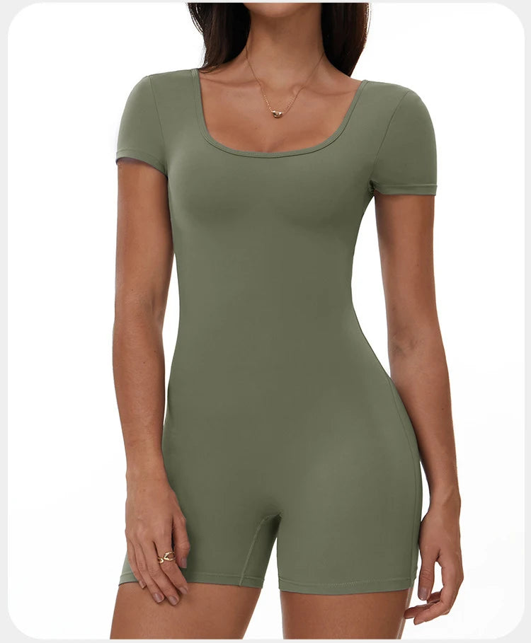 Fitness Jumpsuit Women Tracksuit Sports Short Sleeves Playsuit Running One Piece Yoga Suit Scrunch Shorts Backless Set Rompers