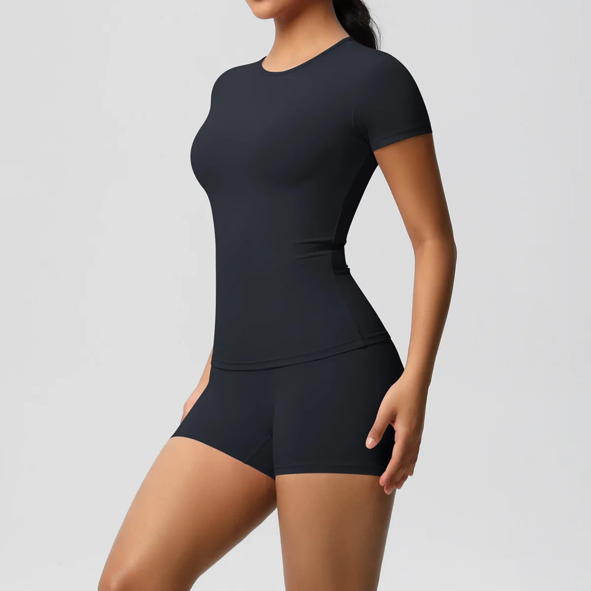 UREN 2PCS Gym Set Summer Short Sleeve Breathable Stretchy GYM Yoga Slim Fitness Active Top Women's Quick-Drying Cycling Short