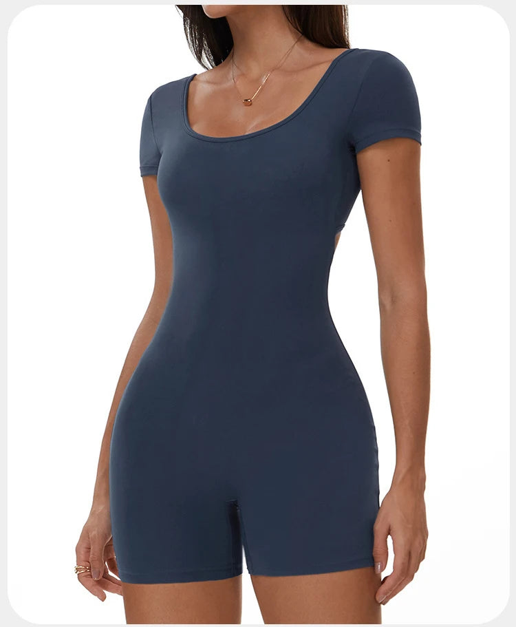 Fitness Jumpsuit Women Tracksuit Sports Short Sleeves Playsuit Running One Piece Yoga Suit Scrunch Shorts Backless Set Rompers