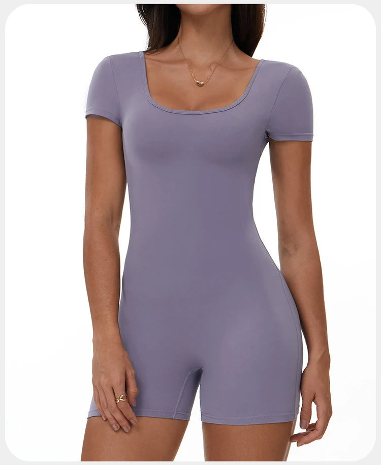Fitness Jumpsuit Women Tracksuit Sports Short Sleeves Playsuit Running One Piece Yoga Suit Scrunch Shorts Backless Set Rompers