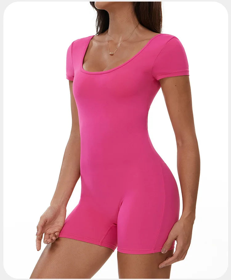 Fitness Jumpsuit Women Tracksuit Sports Short Sleeves Playsuit Running One Piece Yoga Suit Scrunch Shorts Backless Set Rompers