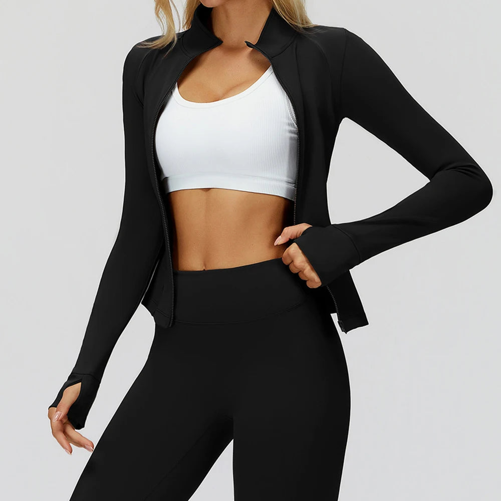 Zipper Long Sleeve Women Crop Tops Jacket Yoga T-shirts Solid Sports Top Running Shirts Sexy Quick Dry Fitness Gym Sport Wear