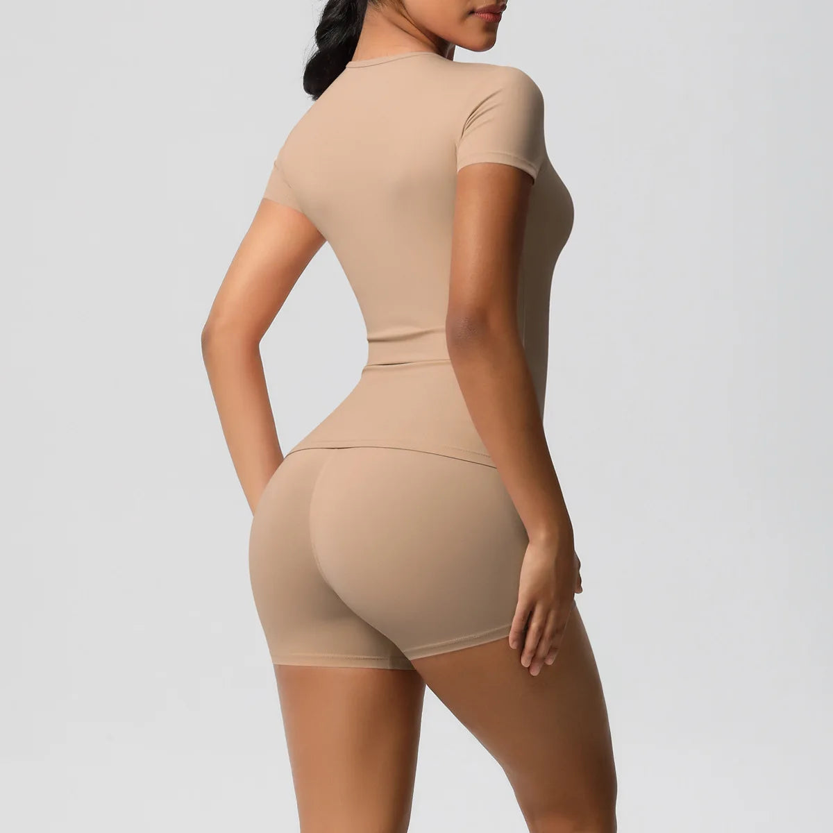 UREN 2PCS Gym Set Summer Short Sleeve Breathable Stretchy GYM Yoga Slim Fitness Active Top Women's Quick-Drying Cycling Short