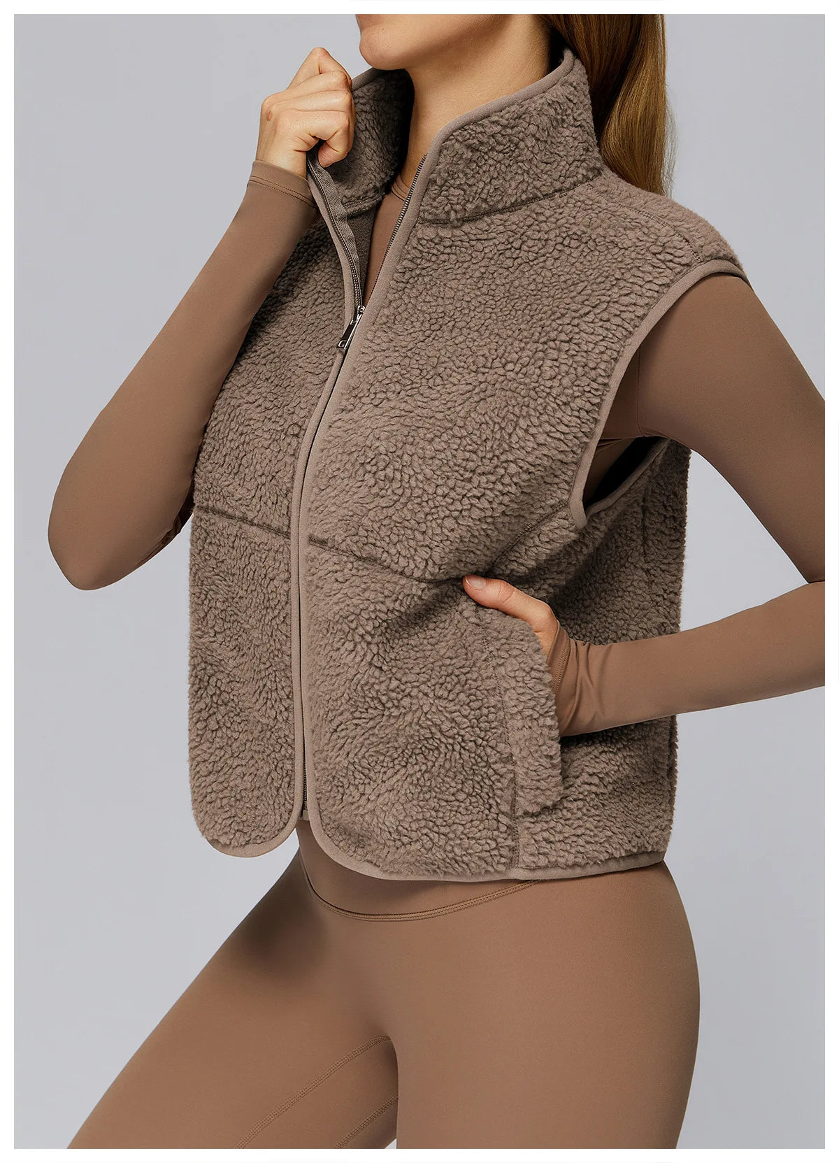 Winter Women's Standing Collar and Velvet Sports Vest Sleeveless Zipper Outerwear Vest Outdoor Running and Fitness Top