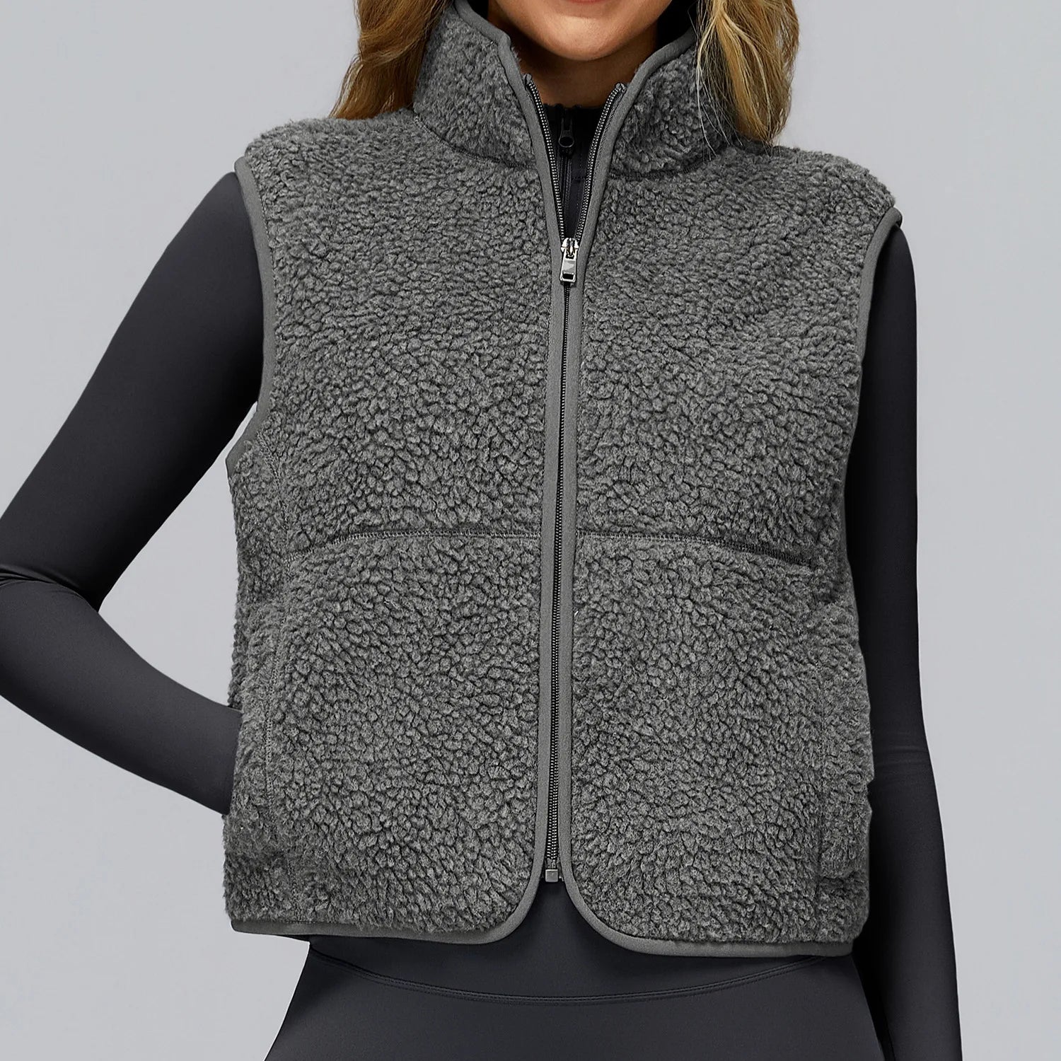 Winter Women's Standing Collar and Velvet Sports Vest Sleeveless Zipper Outerwear Vest Outdoor Running and Fitness Top