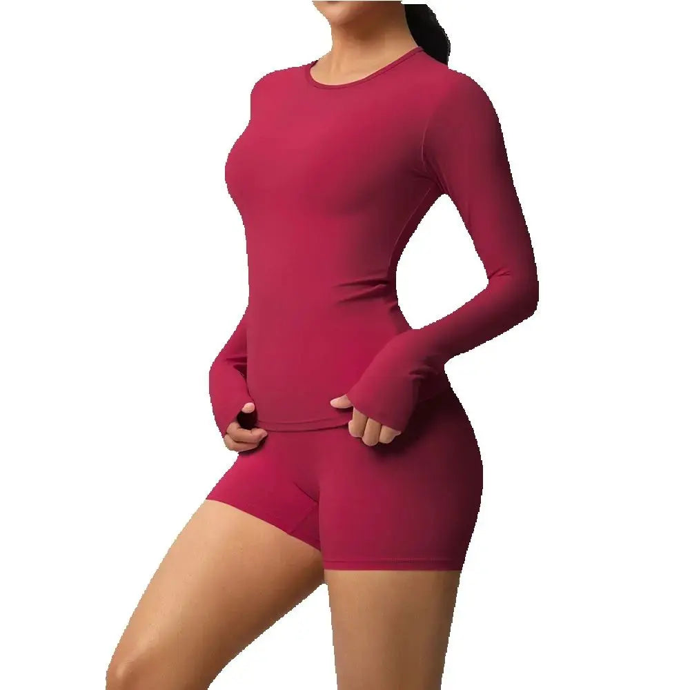 Yoga Clothes Set 2 Piece Gym Sports Shorts Set Women Long Sleeved High Waist Shorts Fitness Suit Running Workout Tracksuit