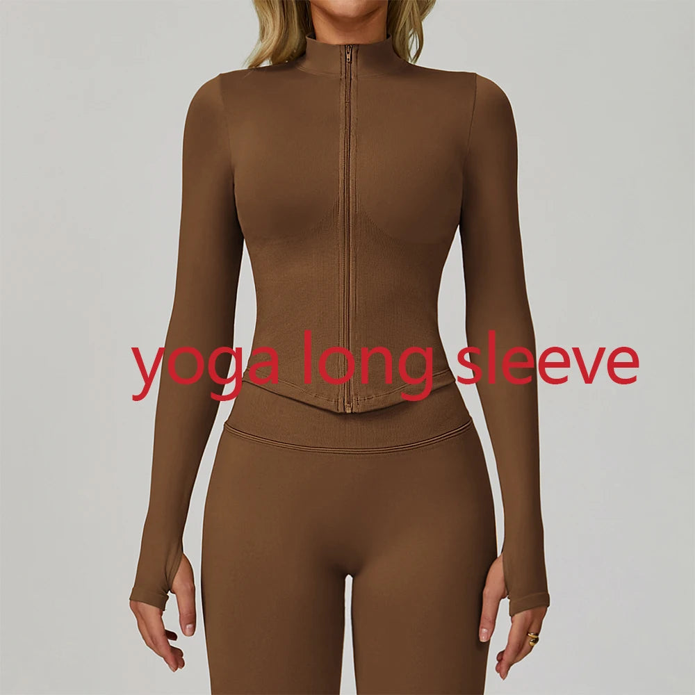 Seamless Outdoor Sports Long Sleeved Women Yoga Coat Quick Dry Zipper Cardigan Stand Up Collar Jacket Running Fitness Jacket Top