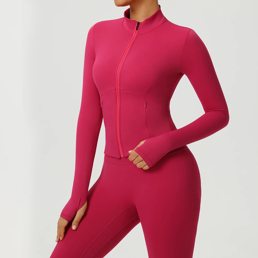 Women Outdoor Sports Long Sleeved Slim Yoga Clothes Quick Dry Zipper Cardigan Stand Up Collar Jacket Running Fitness Jacket Top
