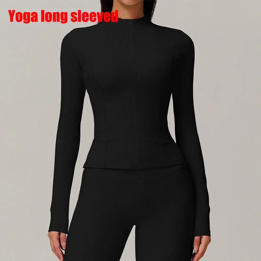 Ribbed Sports Long Sleeved Women Slim Yoga Clothes Quick Dry Zipper Cardigan Stand Up Collar Jacket Running Fitness Jacket Top