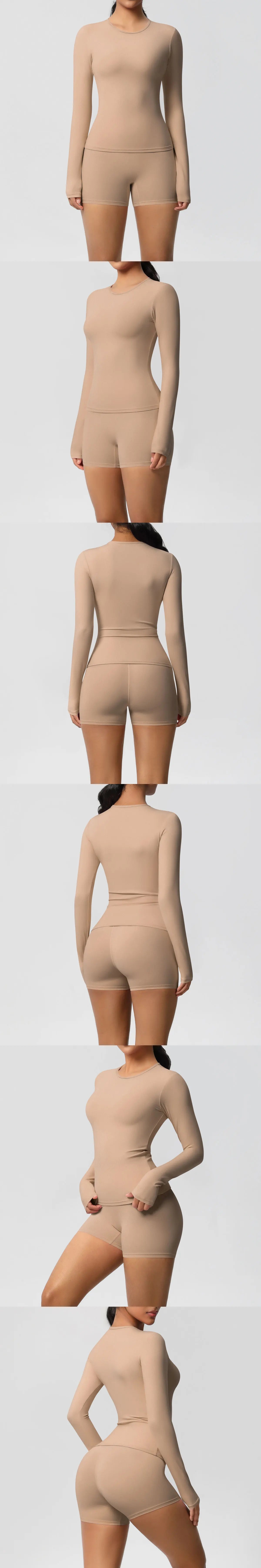 Yoga Clothes Set 2 Piece Gym Sports Shorts Set Women Long Sleeved High Waist Shorts Fitness Suit Running Workout Tracksuit