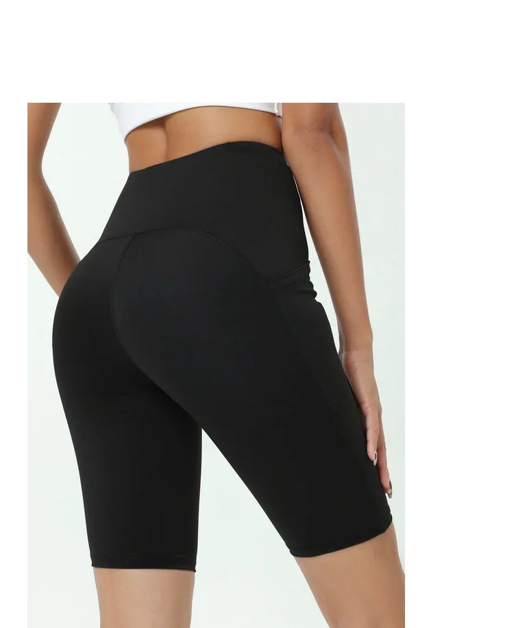 Comfortable Skin Friendly Summer High Waist Yoga Shorts Gym Hip Lift Pants Pocket Breathable Running Cycling Sports Shorts Women