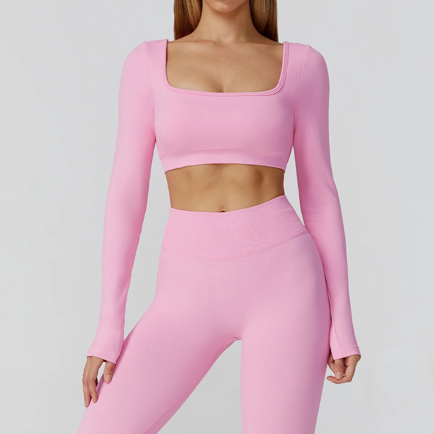 Seamless Casual Quick Dry Sportswear Women Square Neck Gym Top Women Fitness Sports Crop Top Female Long Sleeve Yoga Clothing