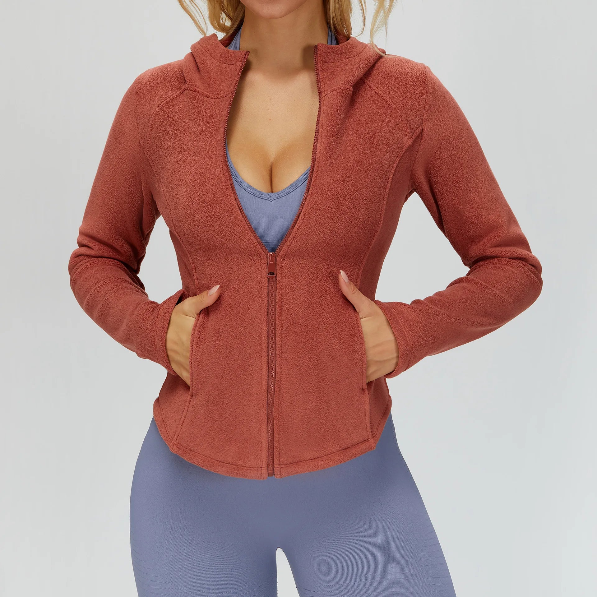Winter Hooded Jacket for Women Yoga Long Sleeved With Plush Slim Fit Pocket Zipper Jacket Outdoor Casual Sports Warm Jacket