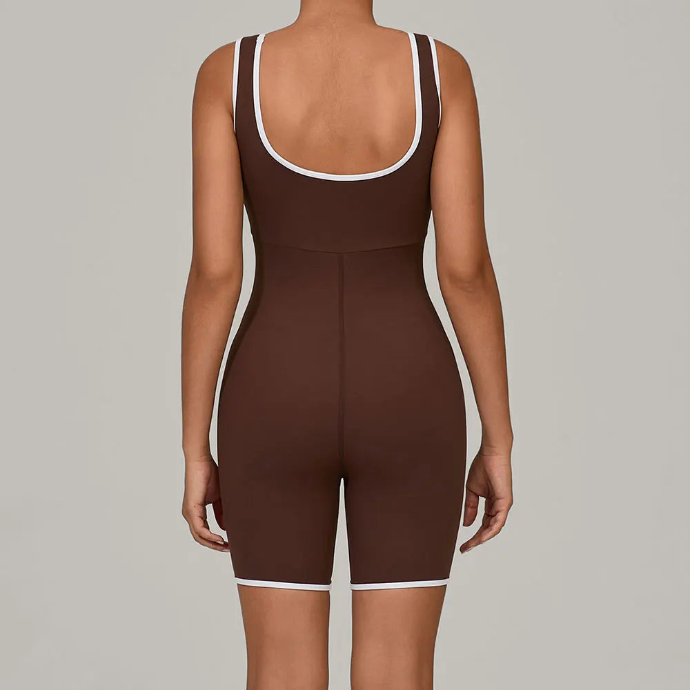 Women Color Blocked Yoga Jumpsuit Sleeveless Romper Elastic Quick Drying Fitness Workout Sportswear One-Piece Short Yoga Clothes
