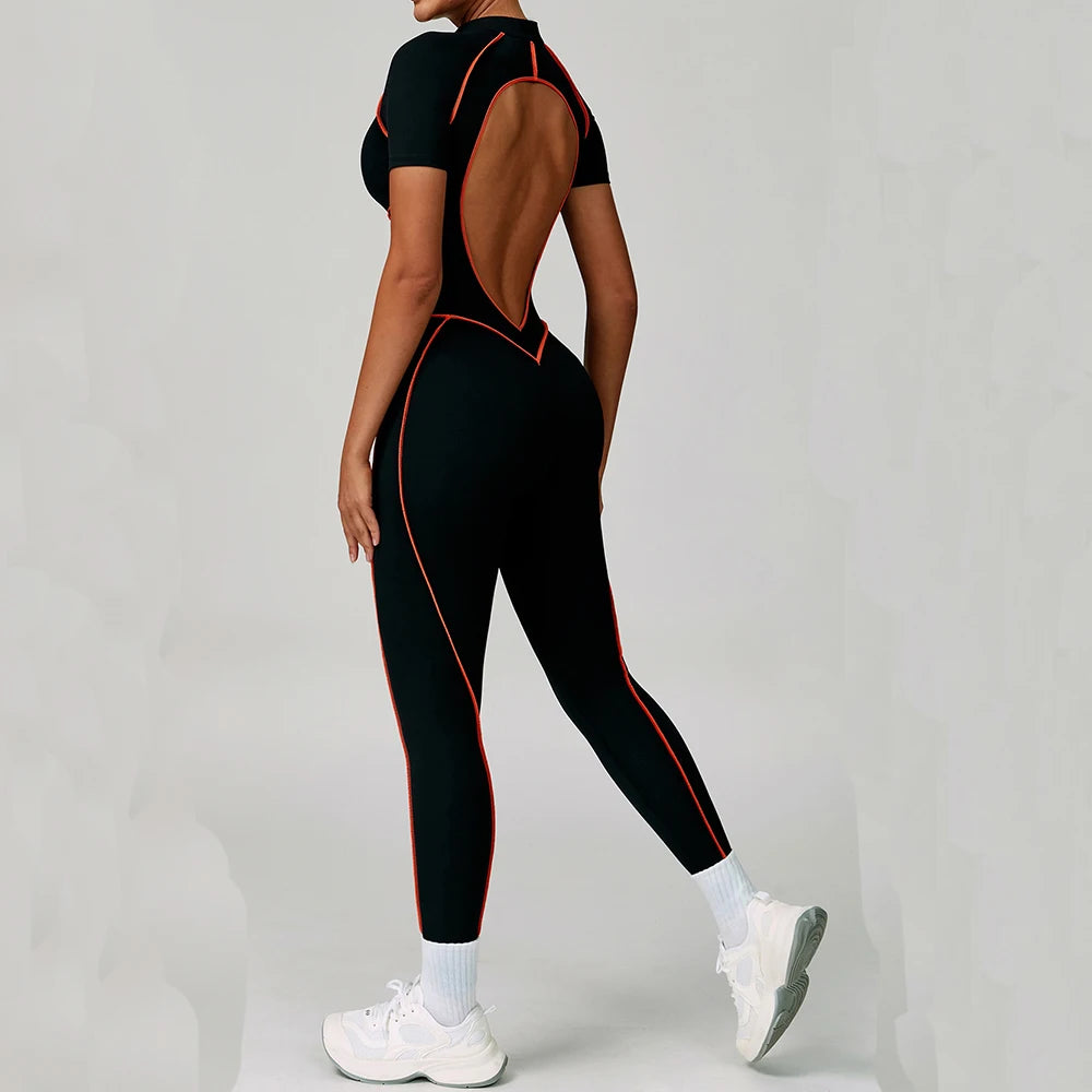 Gym Set Women Training Yoga Suit Sportswear Women Short Sleeves Sports Jumpsuit Fitness Rompers Zipper Push Up Workout Bodysuits
