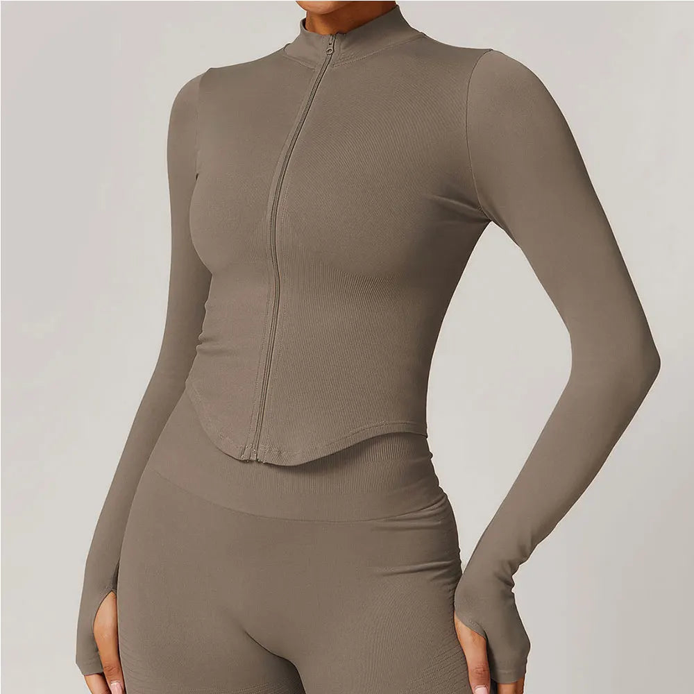 Ribbed Yoga Tops Women's Standing Collar Yoga Long Sleeved Sports Jacket Running Training Fitness Top Gym Workout Running Shirt