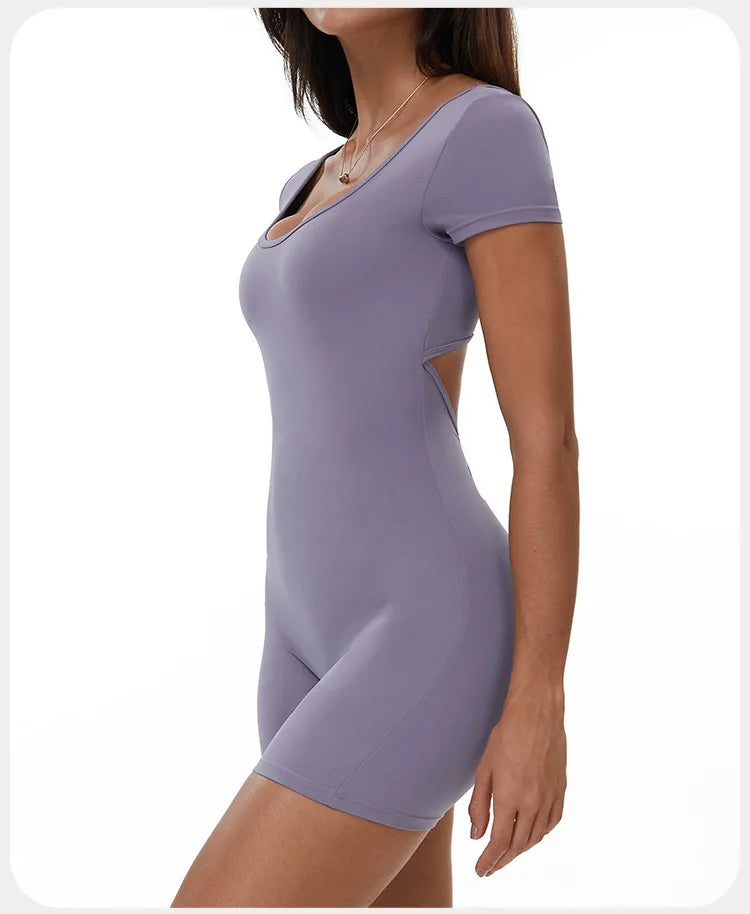 Fitness Jumpsuit Women Tracksuit Sports Short Sleeves Playsuit Running One Piece Yoga Suit Scrunch Shorts Backless Set Rompers