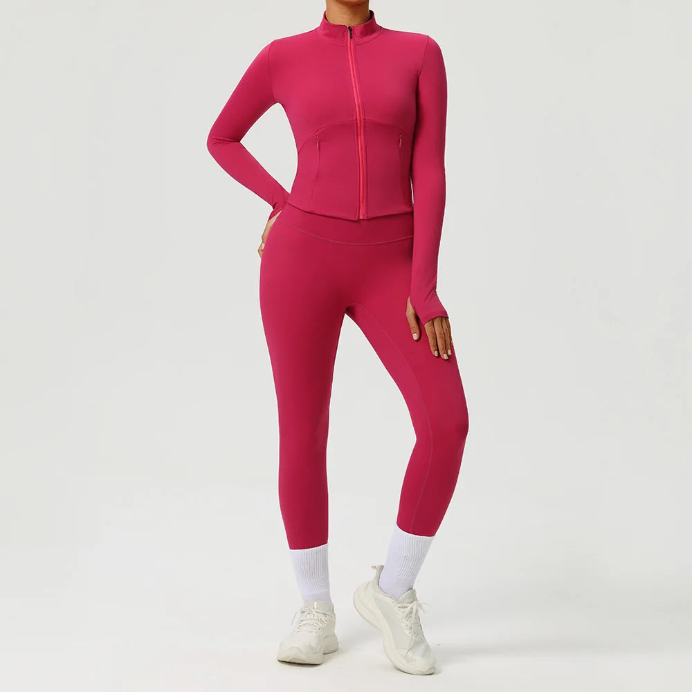 Women 2PCS Yoga Set Workout Sets Sportswear Gym Clothing Fitness Zipper Long Sleeve High Waist Leggings Sports Suits Yoga Suit